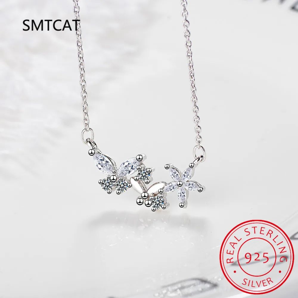 

925 Sterling Silver Romantic Flower Necklace Fantasy Butterfly Neck Chain for Women Valentine's Day Fine Jewelry Gift SCN521