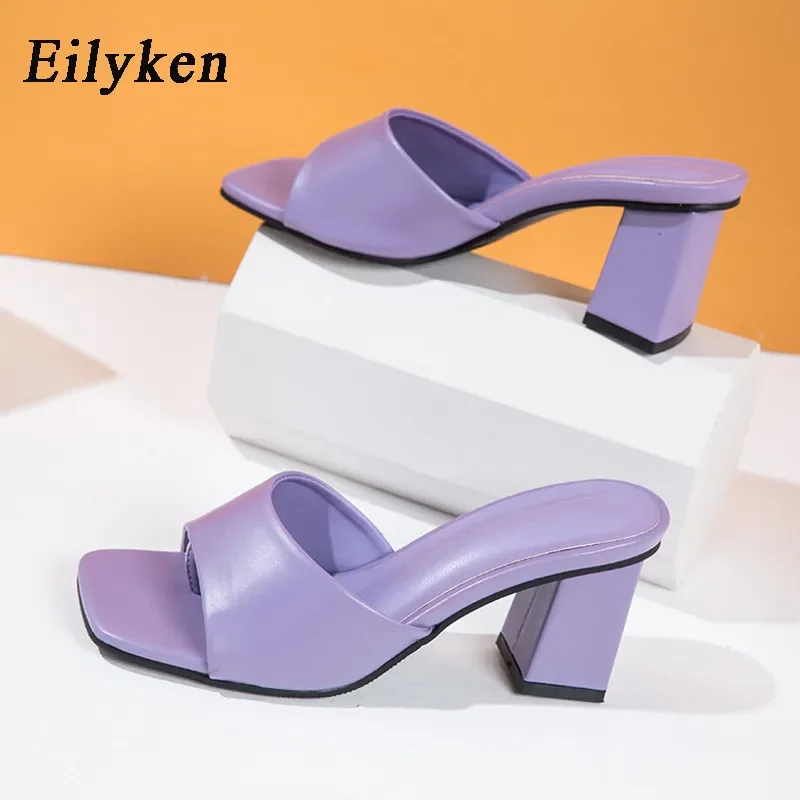 Eilyken Designer Cozy Pu Leather Women Slipper Outdoor Elegant Sandals Square High Heels Clip Toe Slip On Ladies Slides Shoes