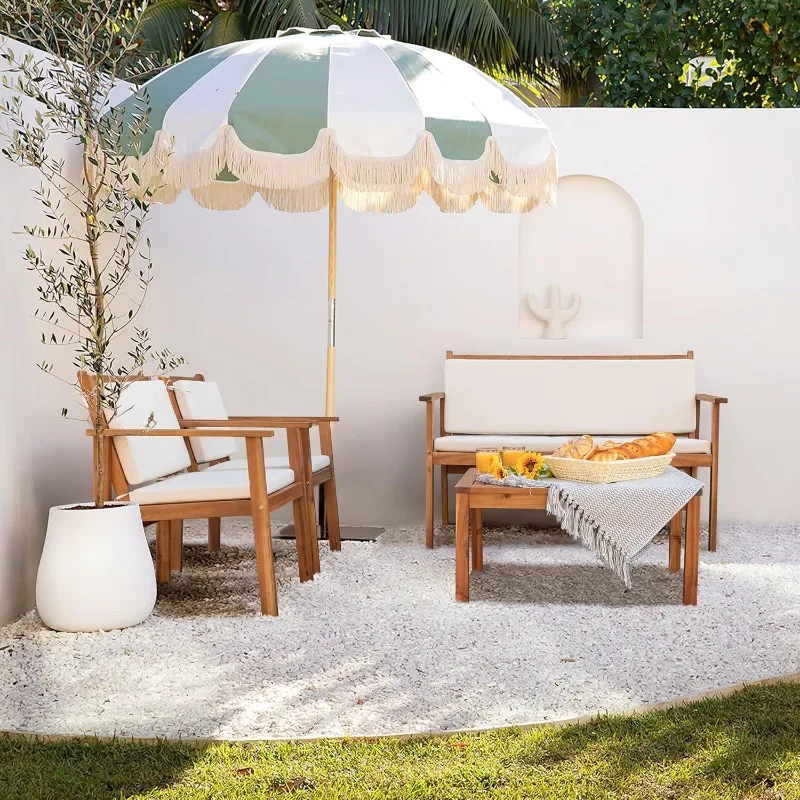 Muebles de patio Juego de sofás para conversación al aire libre de madera de acacia de 4 piezas con mesa y cojines Sillas de porche para jardín, terraza,