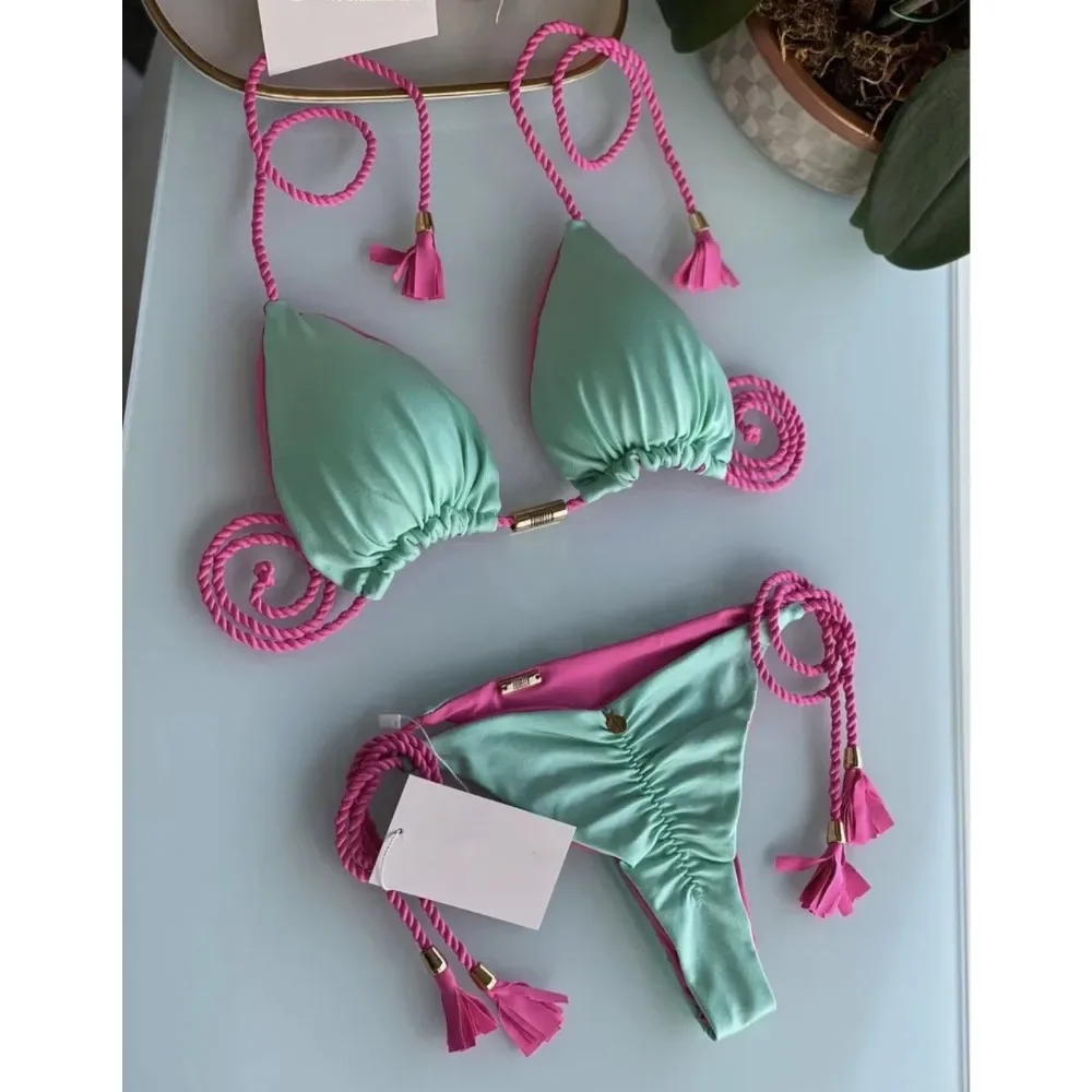New Women Bikini Backless Rope Triangle Swimsuit Multicolor