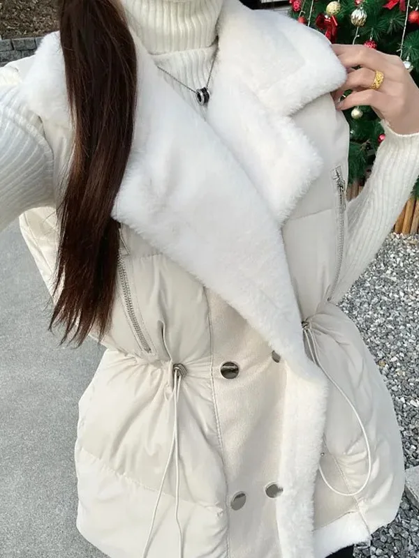 

Chic Autumn Winter Women's Vest Cotton Jaet Retro Double Button Design Fur Collar Waist Cinched Vest Outerwear