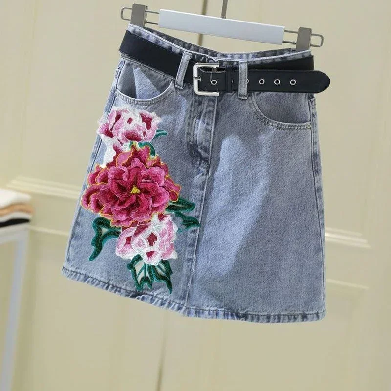 New Summer Mini Denim Skirt Fashion Peony Flower Embroidery Blue Pockets High Waist Casual Skirts Streetwear Y2K Harajuku