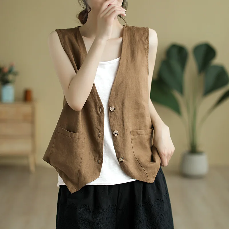 

Women's Linen Cotton Vest Summer Sleeveless Boho V-Neck Short Casual Over Shirt Lightweight Solid Color Outerwear Female Clothes