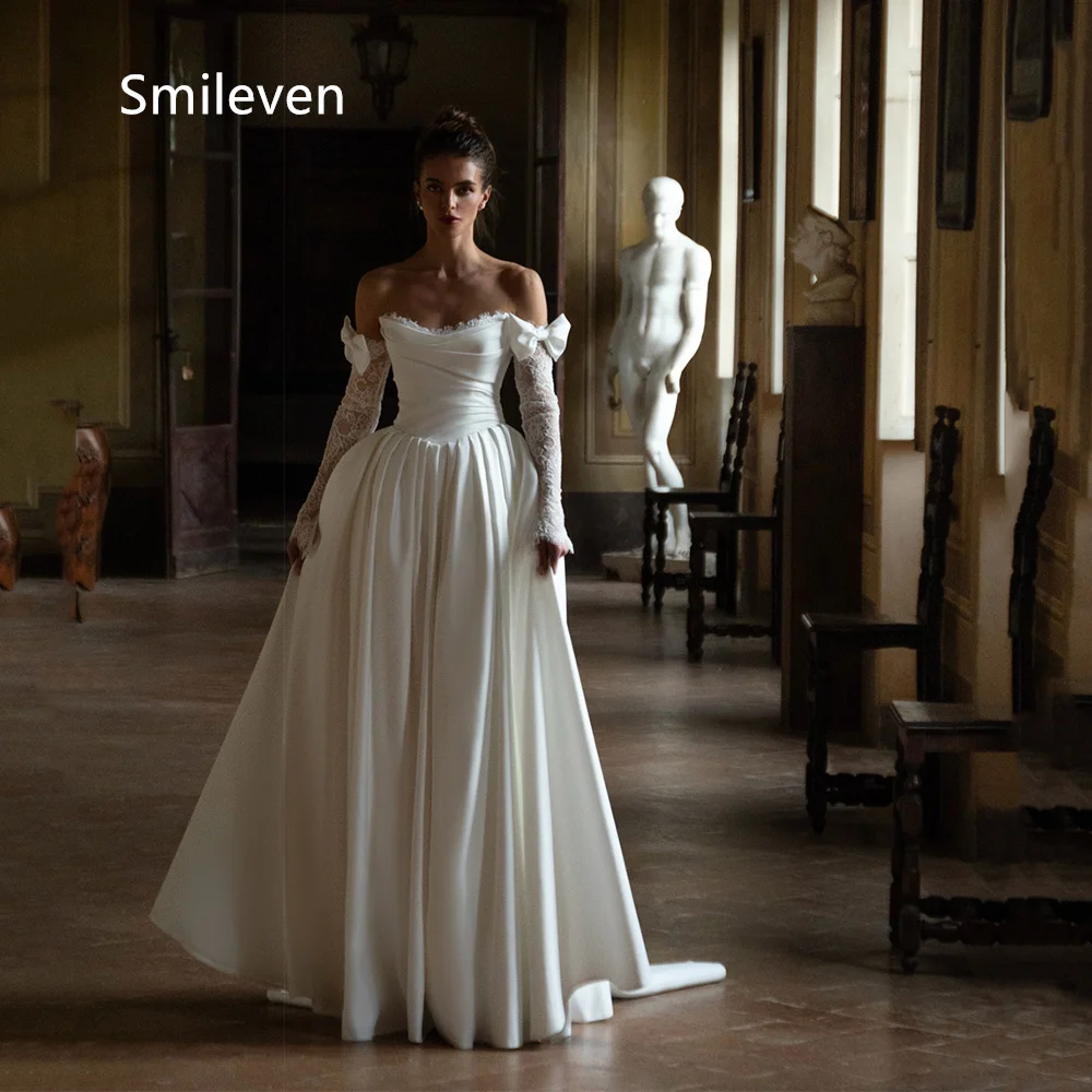Smileven White Ball Gown wedding Dresses Off The Shoulder Long Lace Sleeve Bridal Dress Big Bow Corset Back Gowns Customized