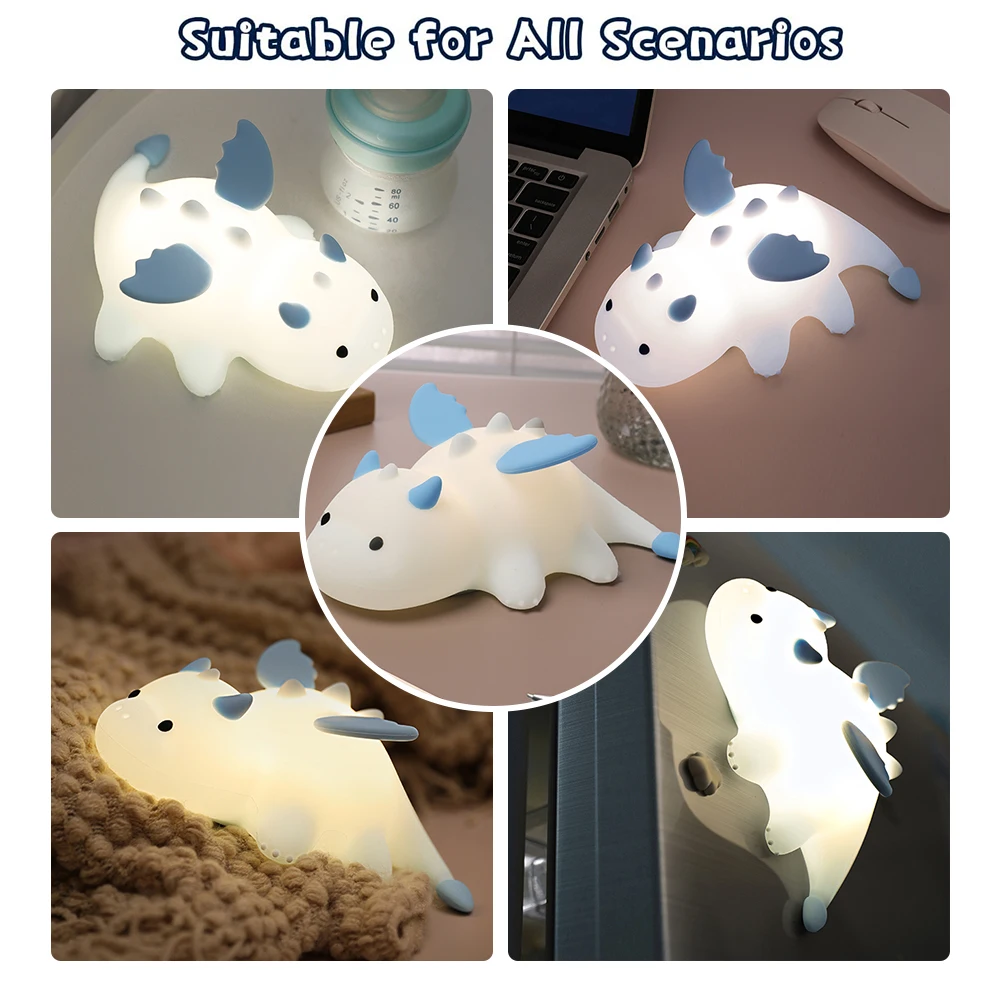 Cute Baby Dragon Night Light For Kids Soft Silicone Nursery Sleeping Lamp 3 Level Dimmable Changing Rechargeable Beside Lamp