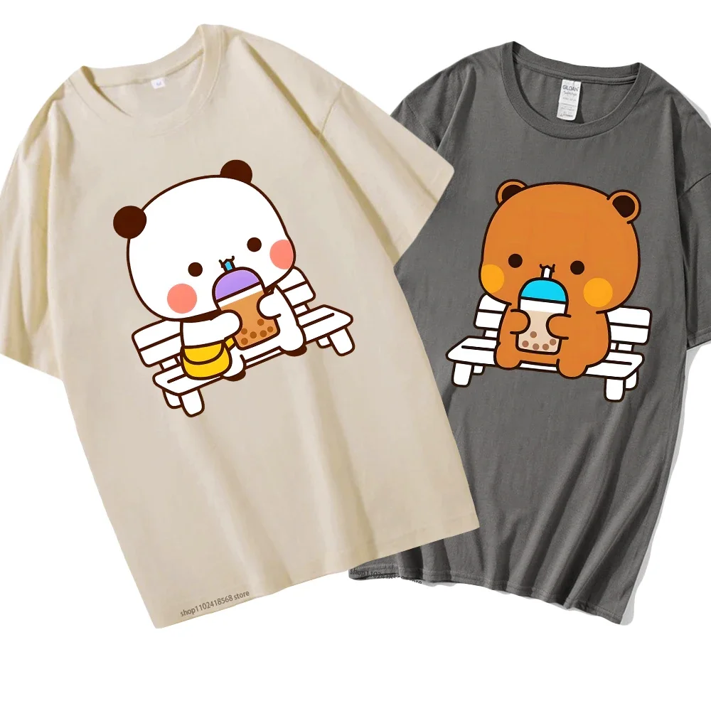 Couple T-Shirts for Men Women Bubu with Dudu Drinking Juice T-Shirts Cartoon Cute Panda Bear Tshirt Kawaii Y2k Top 100% Cotton