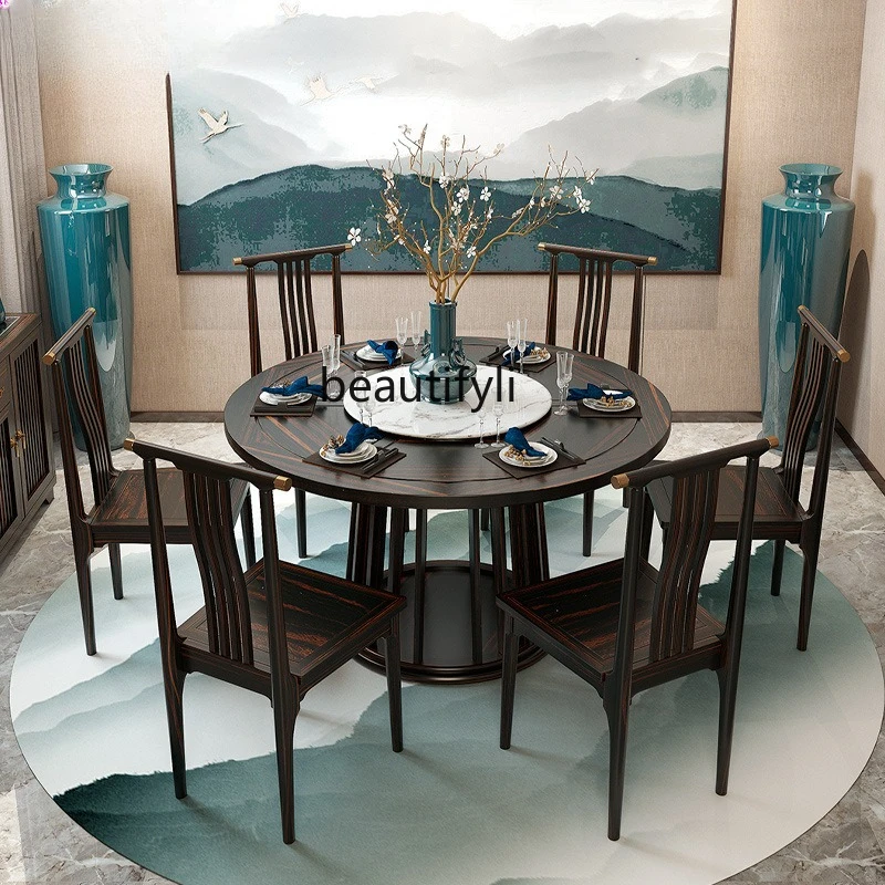 

New Chinese-style golden silk sandalwood solid wood dining table and chairs, household round dining table with turntable hotel