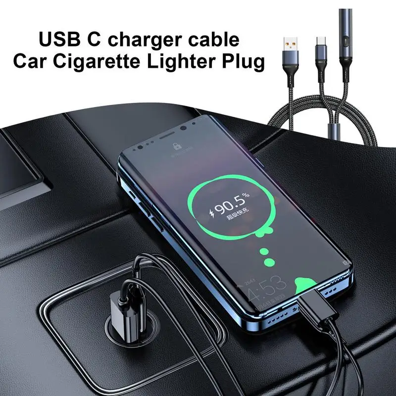 Car Phone Charging Splitter Cable 2 In 1 Fast Charging USB 6a Fast Charging Cable C Splitter Charging Cable With Igniter Car