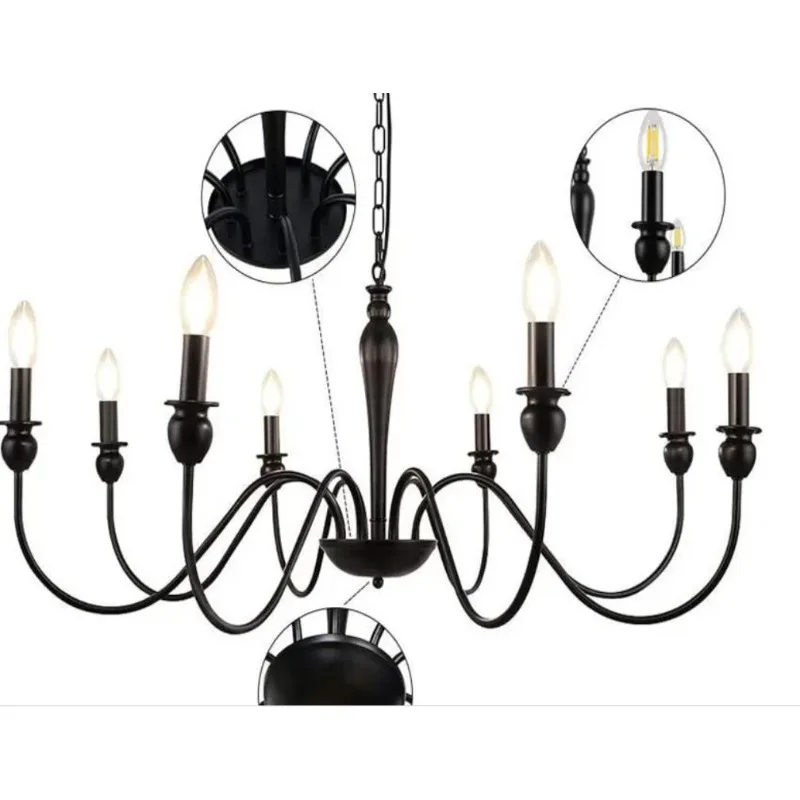 

European Country Farmhouse Black Candle Style Chandelier Traditional Retro Industrial Suitable for Dining Room