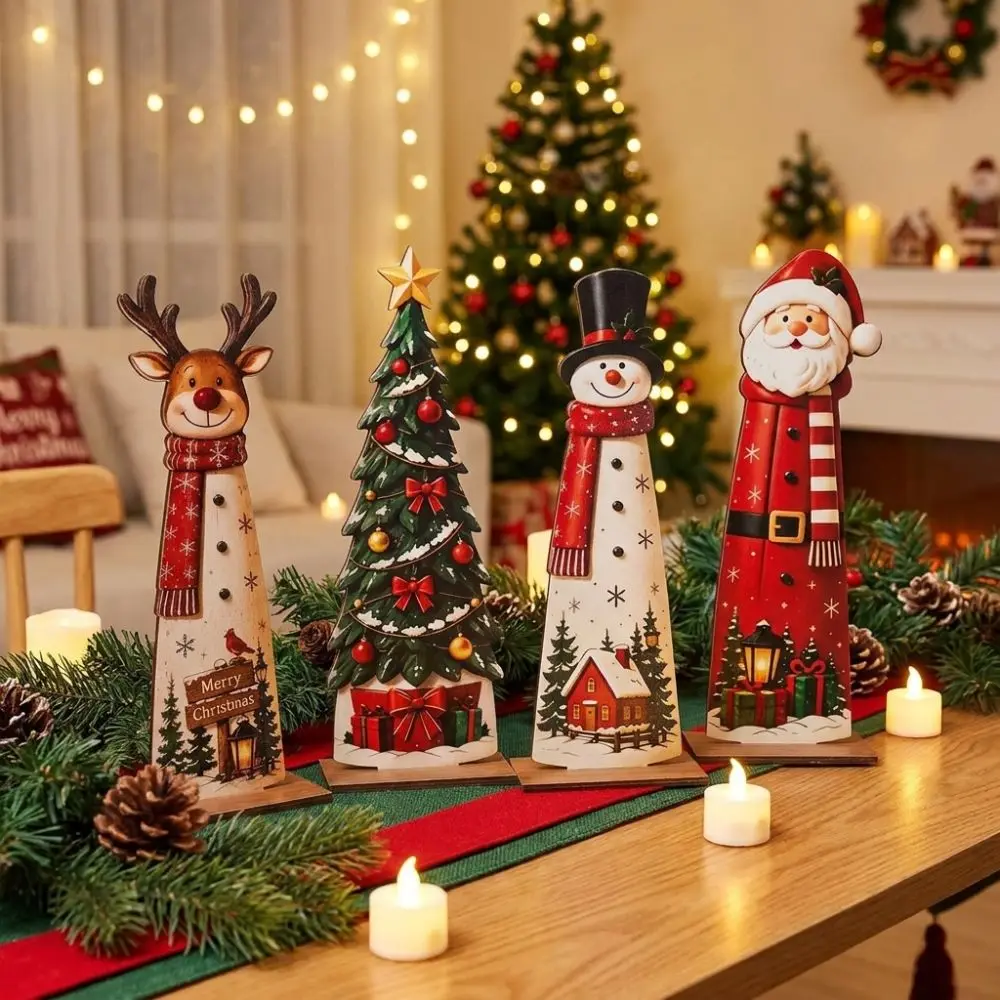 2D Flat Christmas Wooden Figurine Set Separate Base Stable Stand Reindeer Christmas Sign Hand Painted Vintage