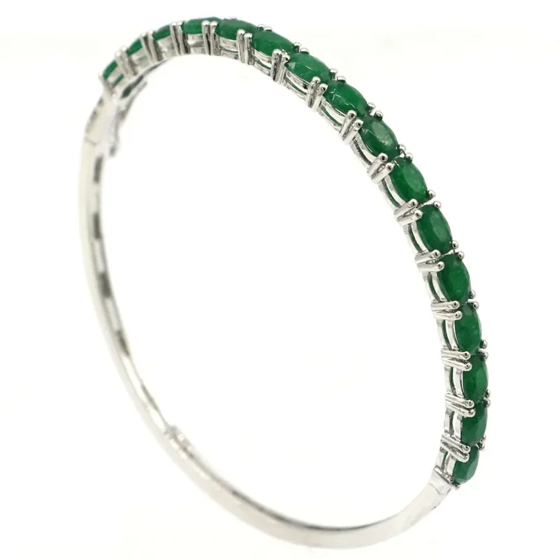 

6x4mm Highly Recommend 12g Real Green Emerald Girls Daily Wear Silver Bangle Bracelet 8"