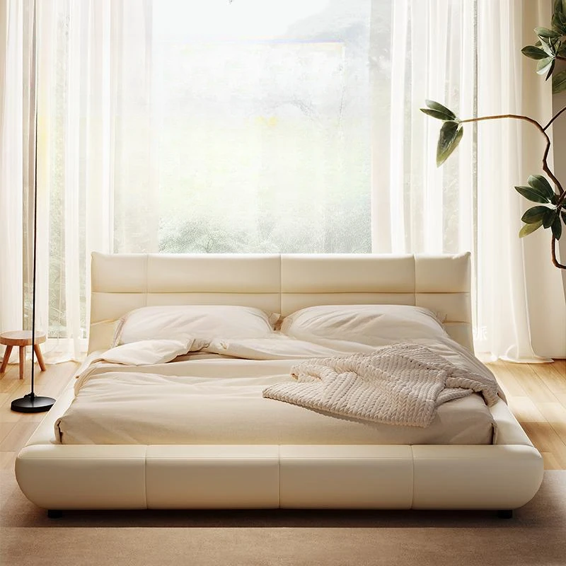 

Vintage Leather Double Bed Backrest White Italian Big Modern King Beds Bedroom Storage European Beliche Entrance Hall Furniture