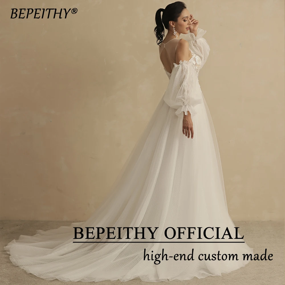 BEPEITHY Customized A Line Wedding Dresses For Women With Detachable Sleeves Lace Sexy Open Back Boho Ivory White Bridal Gowns