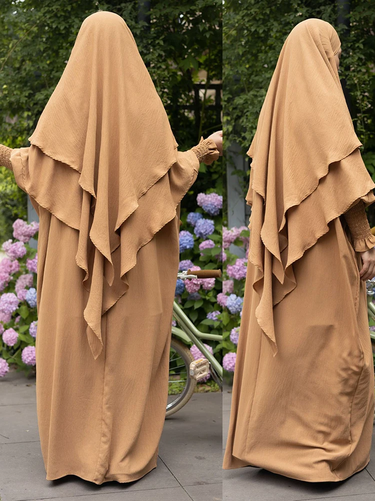

Eid Muslim Women Abaya 2 Layers Long Khimar with Dress 2 Piece Set Prayer Garment Abayas Hijab Full Cover Robe Ramadan Djellaba