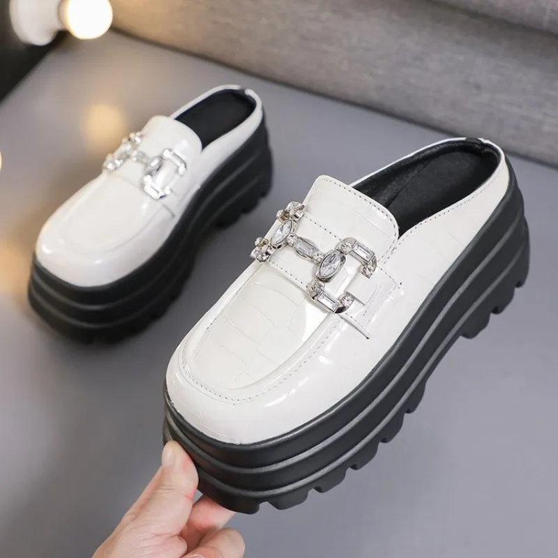 Women\'s Summer Half Slippers Fashion Sofe Leather Shoes Ladies Wedges Mules BaoTou Woman Thick Sole Japanese Style Shoes 2024