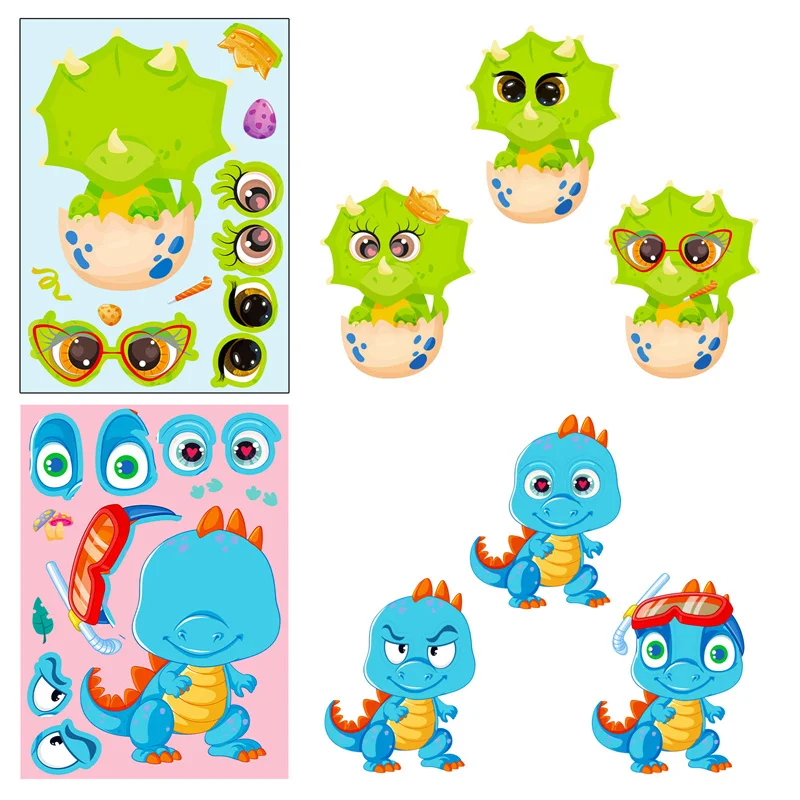 Changeable Faces Kids Stickers Creative DIY Make Your Own Dinosaur Face Stickers Assemble Jigsaw Puzzle Games Quiet Stiker Toys