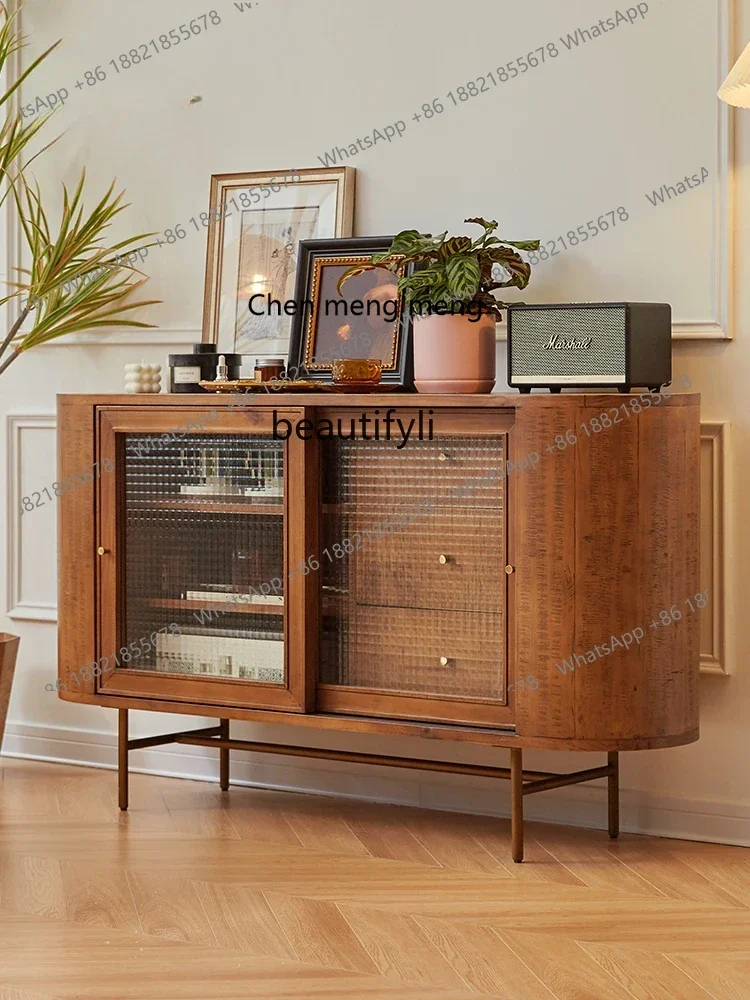 

ss7304 Retro Style Solid Wood Sideboard Guest Restaurant Tea Cabinet Simple Locker Glass Storage Cabinet