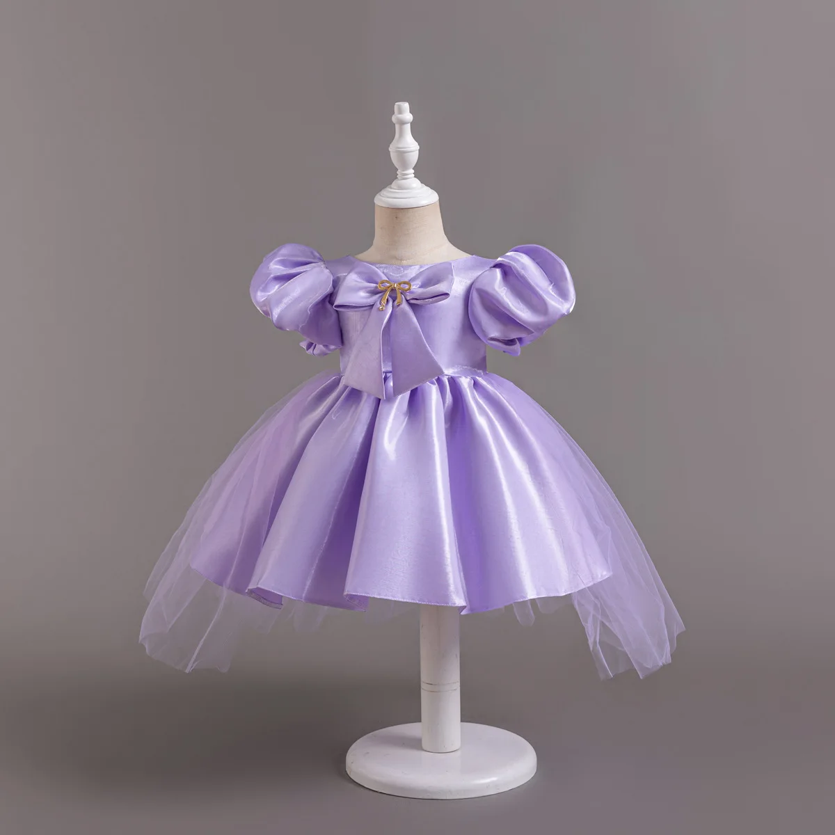 HETISO Girls Satin Party Dress with Golden Bow Trailing Tulle Puff Sleeves Kids Ball Gown for Ages 1-5 Summer Children's Outfit