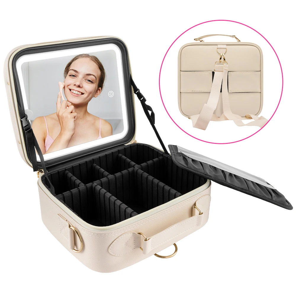 Missmeeca-Trousse de maquillage de voyage avec miroir lumineux LED, trousse de train cosmétique, organisateur cosmétique (blanc)