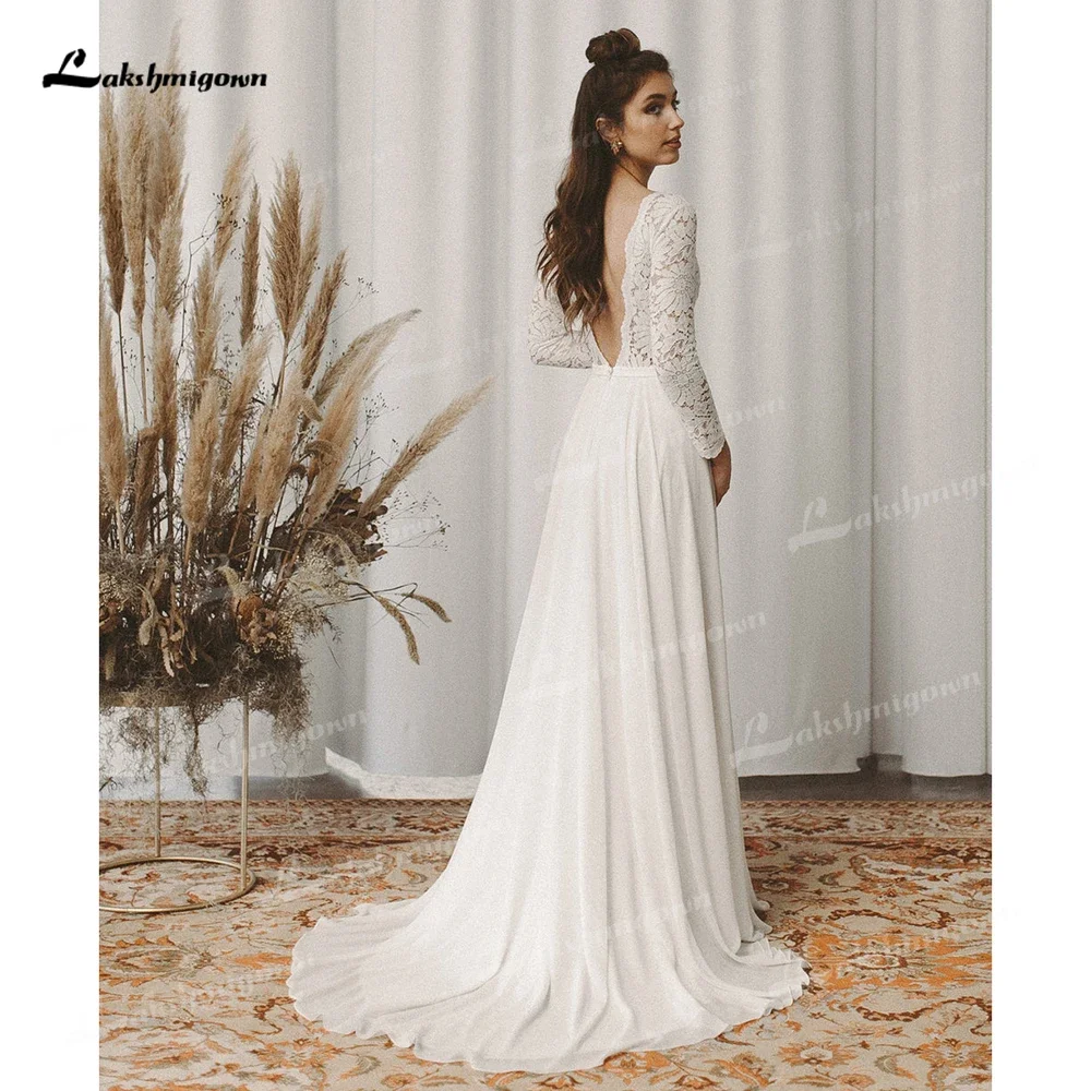 2025 Boho O-Collo In Pizzo Maniche Lunghe Sexy Aperto Indietro Chiffon Una Linea Abito Da Sposa Semplici Abiti Da Sposa Sweep Abiti Da Sposa Robe