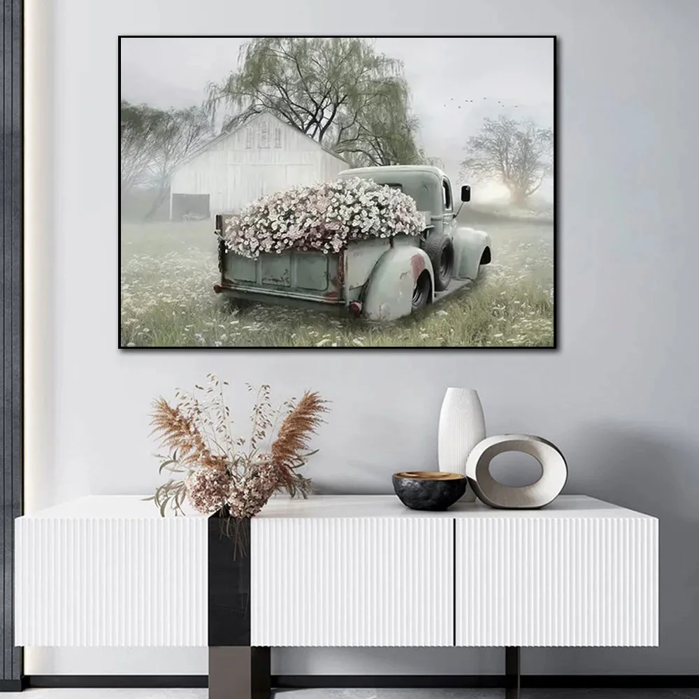 Abstract Truck with Blush Petunias Paintings Canvas Print Landscape Wall Art Nature Picture Posters Aesthetic Room Decor