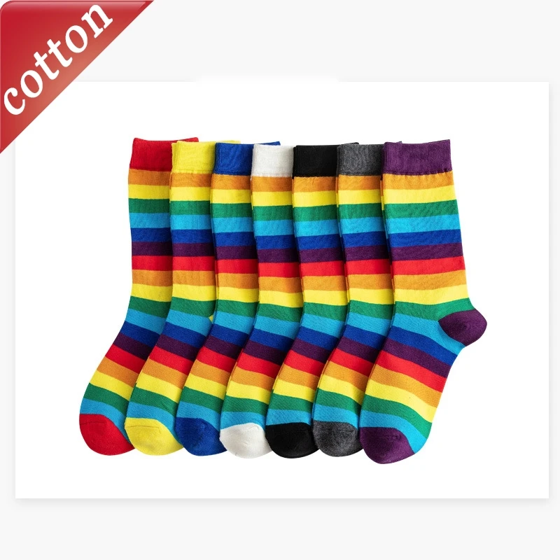 

5 Pairs Women's Socks Set Korean Rainbow Stripes Versatile Personalized Funny Mid Tube Socks Comfortable Breathable Cotton Socks