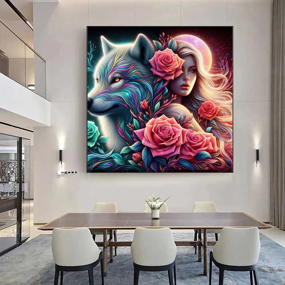 New Diamond Painting Rose Woman Loves Wolves Full Drill Mosaic Arts Diy Rhinestone Embroidery Animals Girl Picture Wall Decor