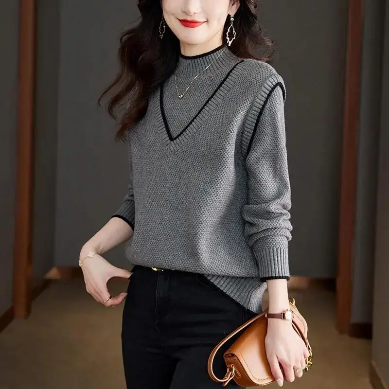 Women\'s Clothing Half High Collar Screw Thread Solid Color Pullover Long Sleeve Sweater Knitted Elegant Contrast Color Tops