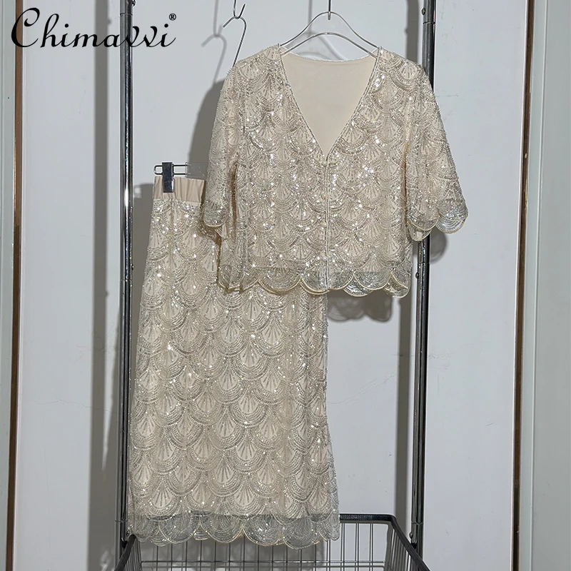 

Fashion French Fish Scale V-neck Cardigan Jacket Short-sleeved Top Vest Beaded Sequined Medium and Long Skirt Set Summer New