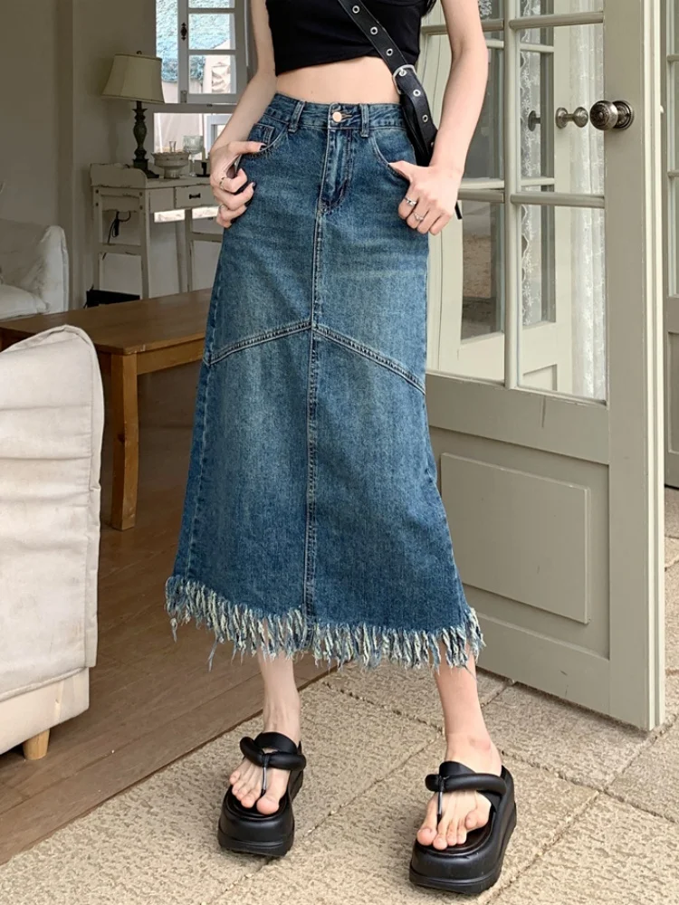 

New Autumn Winter Tassel Splicing Denim Skirt Women's Retro High-Waisted Slimming Mid-length A-line Hip-hugging Skirt
