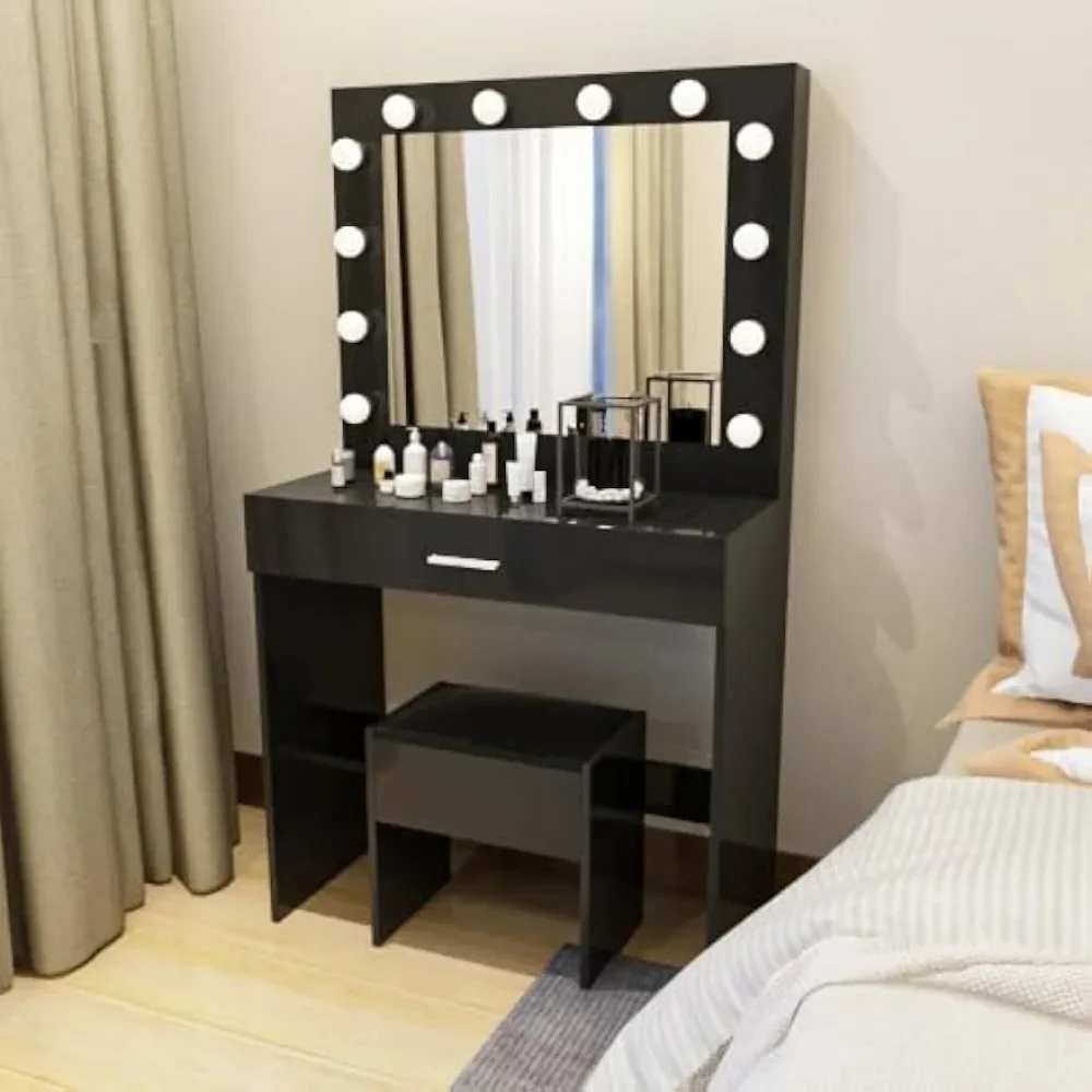 Large Vanity Set With 12 Lights Bulbs Commodes Girls Bedroom Desk Black Makeup Table With Cushioned Stool for Women Mirrors Home