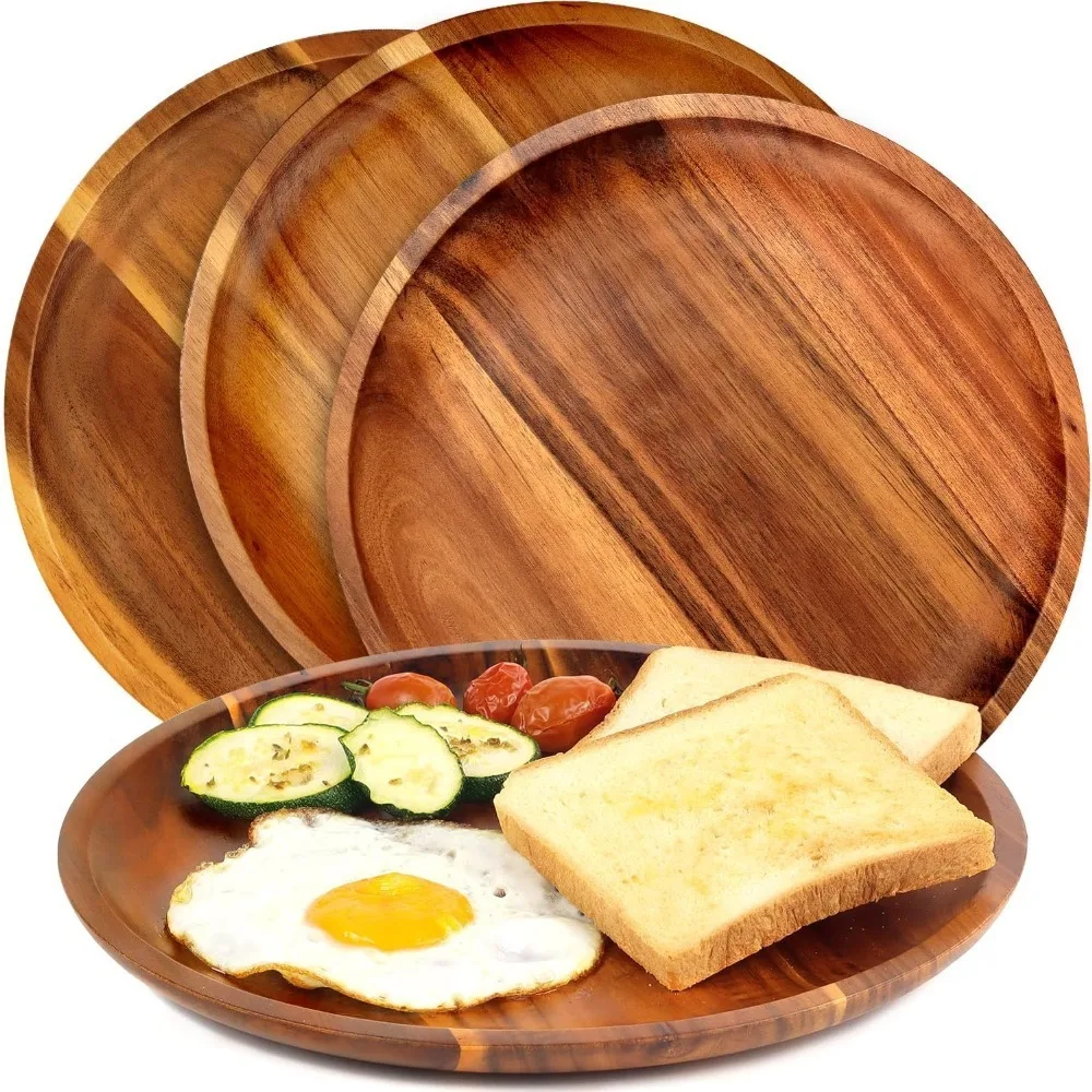 

C2 20/25cm Acacia Wood Round Wooden Dinner Tray Easy To Clean, Fruit Dessert Pizza Salad Tray Stackable Reusable Kitchen Cutlery