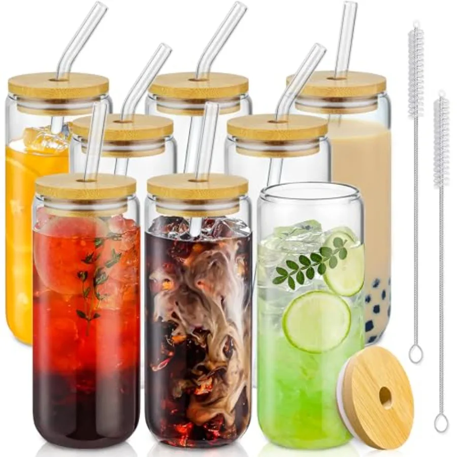 

20 Oz Drinking Glasses with Bamboo Lids and Glass Straw 8 Pcs Set of Aesthetic Glass Cups Ideal for Coffee Bars Beer Iced Drink
