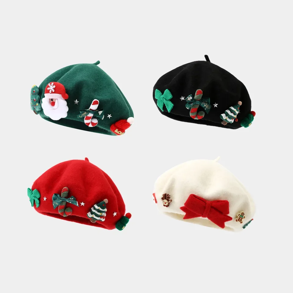

Christmas Beret for Women, Warm Wool Bow Knit Hat, Fashion Korean Style Painter Cap, Winter Beanie