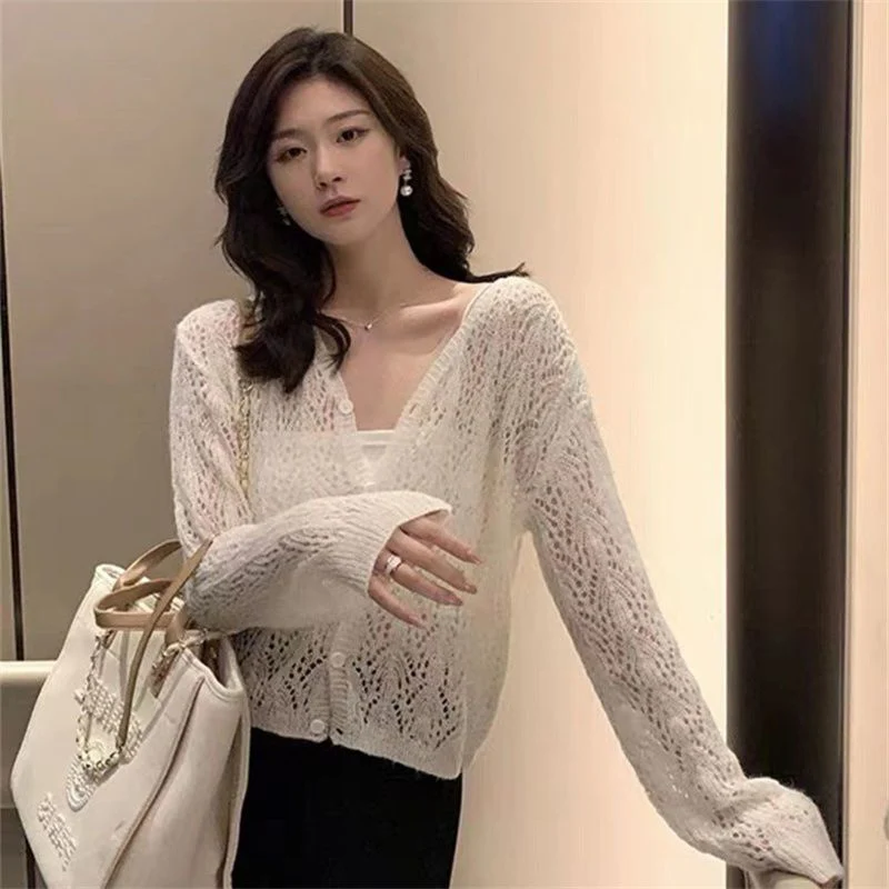 

Thin Coat Long Sleeve Women Cardigan V Neck Sexy Knitted Loose French Style Blouse Autumn Casual All Match Solid Simple Top