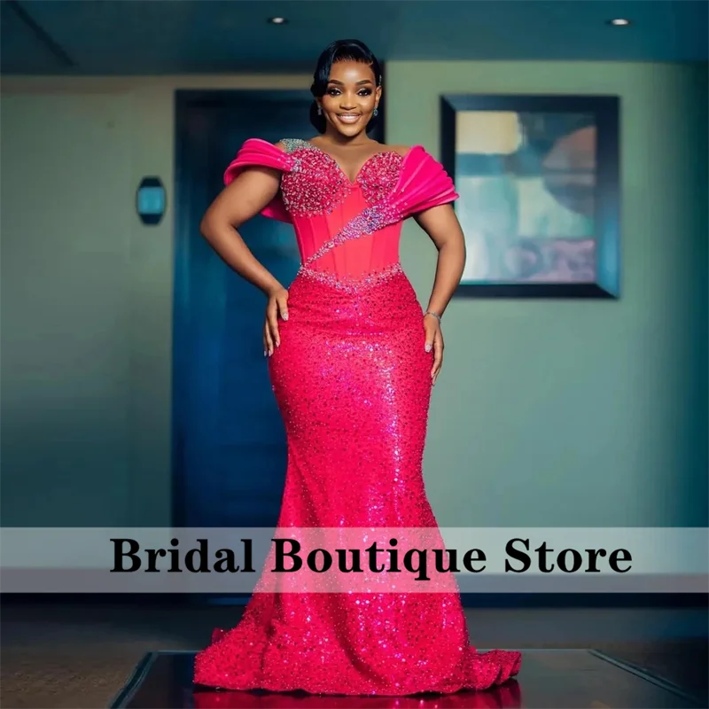 Sparkly Fuchsia Mermaid Evening Dress Crystal Beading Birthday African Wedding Party Gowns Aso Ebi Robes De Soirée Customized