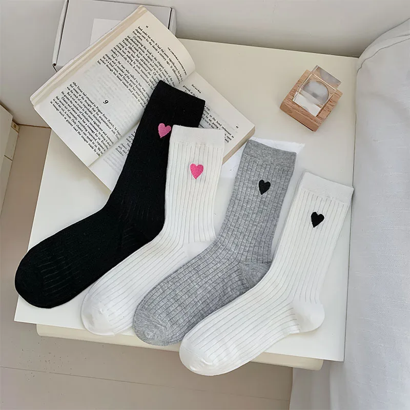 Women Socks Cotton Female Japanese Sweet Style Love Embroidered Mid-tube Spring Summer Thin Cute Girls Solid Color Stripe Socks