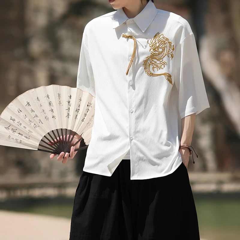 2025 Summer Chinese Dragon Embroidered Shirt Trendy Casual Short Sleeve Tops for Men Breathable Blend Fashion Clothing for Man