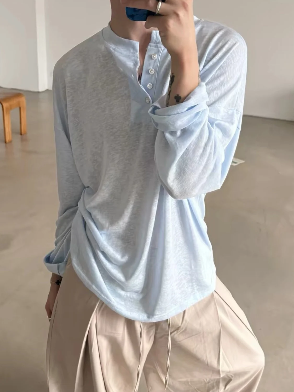 Misty See-through Henry Collar Long Sleeve T-shirt Casual Loose Commute Top for Men And Women Breathable Skin-friendly