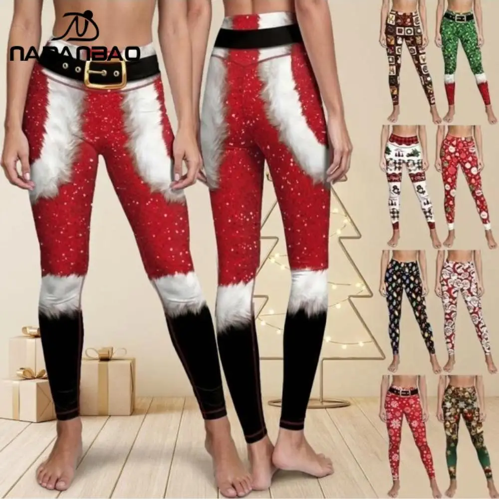 Nadanbao 3D Santa Claus Belt Print Leggings Christmas Women's Elastic Trousers High Waist Yoga Pants Casual Xmas Party Bottoms