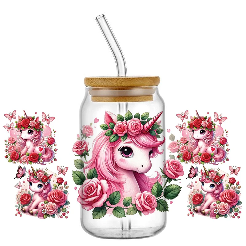 Cute Cartoon Pink Unicorn 16OZ UV DTF Cup Wraps Transfer Sticker For Glass Libbey Can Bottle Selfadhesive Washable DIY Custom