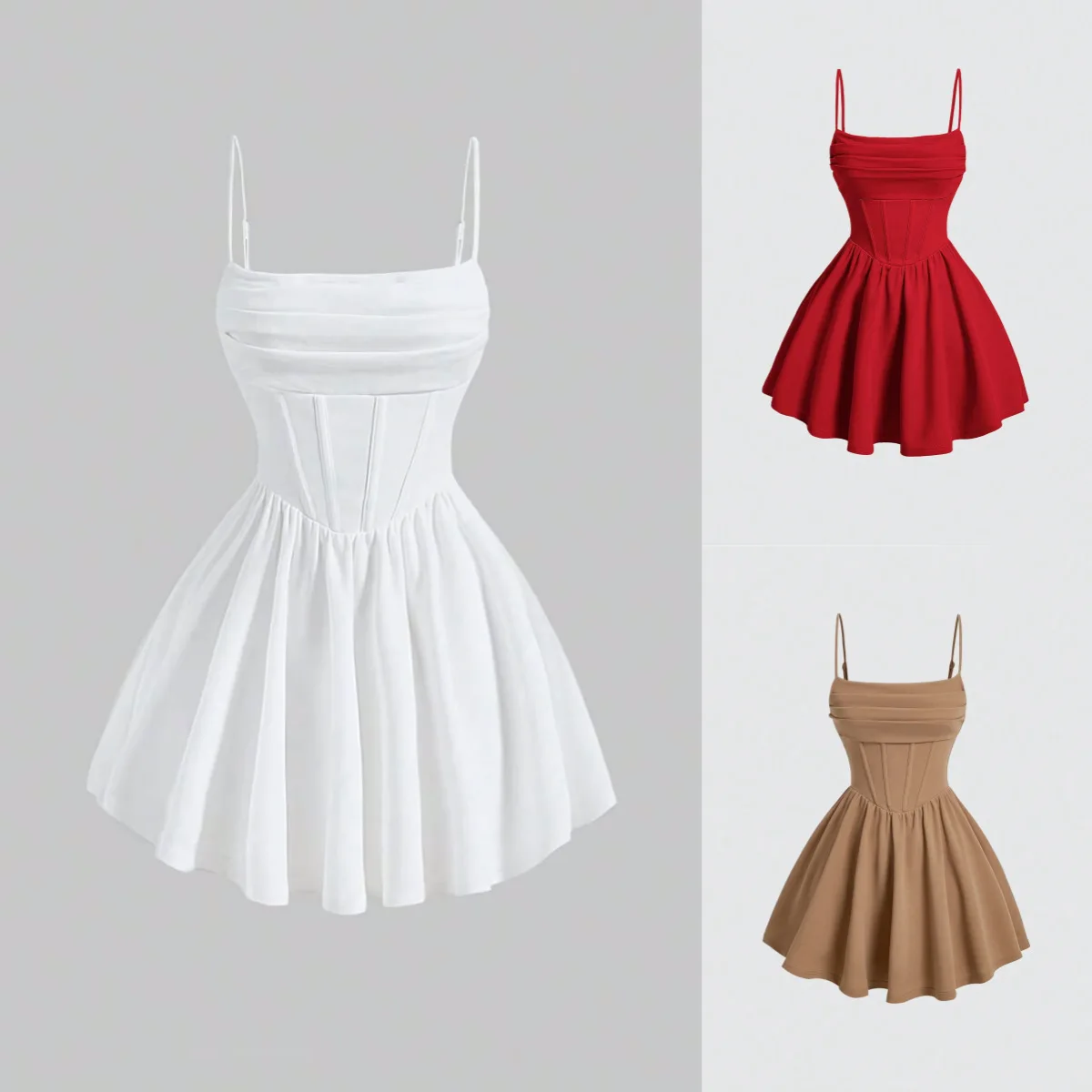 Damenkleider 2025, Sommer, elegant, einfarbig, ärmellos, quadratischer Ausschnitt, Minikleid, Reißverschluss, süßes Dating, plissiertes Träger-A-Linien-Kleid