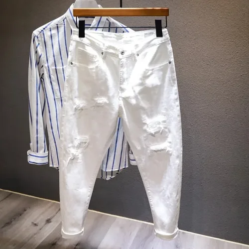 Nuevos pantalones vaqueros rasgados con agujeros para hombre, pantalones harén blancos a la moda para hombre, pantalones vaqueros cómodos elásticos que combinan con todo, ropa de calle