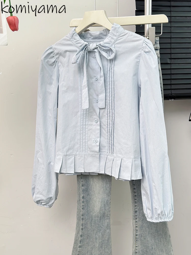 

O-neck Lace-up Bow Shirts Blouses Pleated Hem Blusas Mujer Long Sleeve 2025 Woman Clothing Trendy Sweet Camisas Fashion Tops