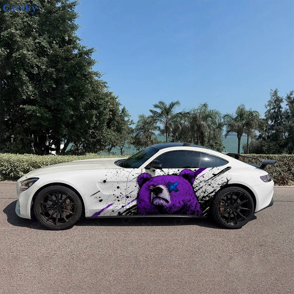 2pcs Splatter Style Purple Fierce Bear Car Side Wraps, Self-Adhesive PVC Waterproof & Scratch-Resistant Stickers, Car Accessory