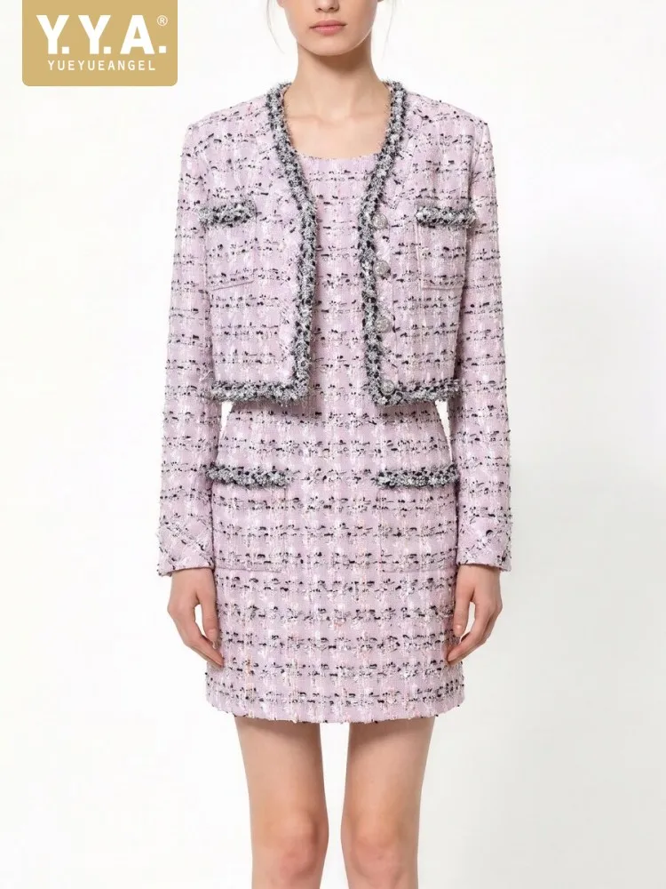 Autumn Fashion Office Ladies Long Sleeve Jacket Short Coat Tweed Two Piece Set Designer Dress A-Line Skirt Women Matching Set