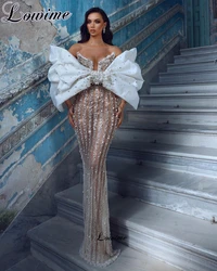 New Fashion Illusion Celebrity Dresses Mermaid Pearls Red Carpet Dress With Big Bow At The Front Prom Dress Vestidos De Coquetel