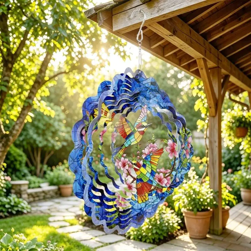 Hummingbird and Florals Hanging Metal Wind Spinner Sculpture for Garden Patios