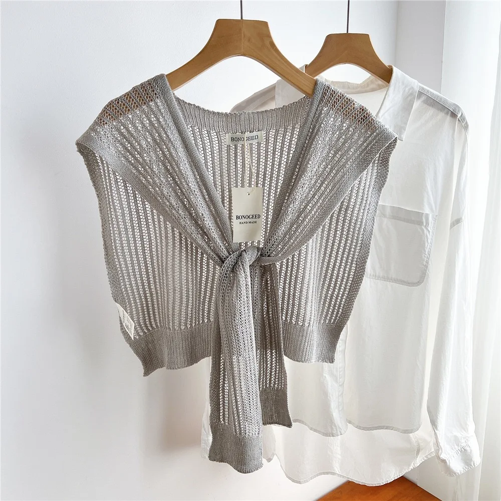 Women Plain Solid Lace Hollow Out Shawls Summer Air Conditioning Fake Collar Neck Guard Knit Thin Knotted Cape Shoulder Scarves view 6