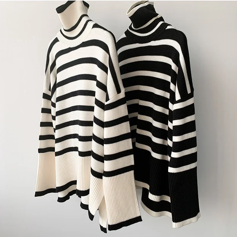 Sweater Women Autumn and Winter New High-neck Knitted Striped Pullover Irregular Loose and Thin Western Style Top